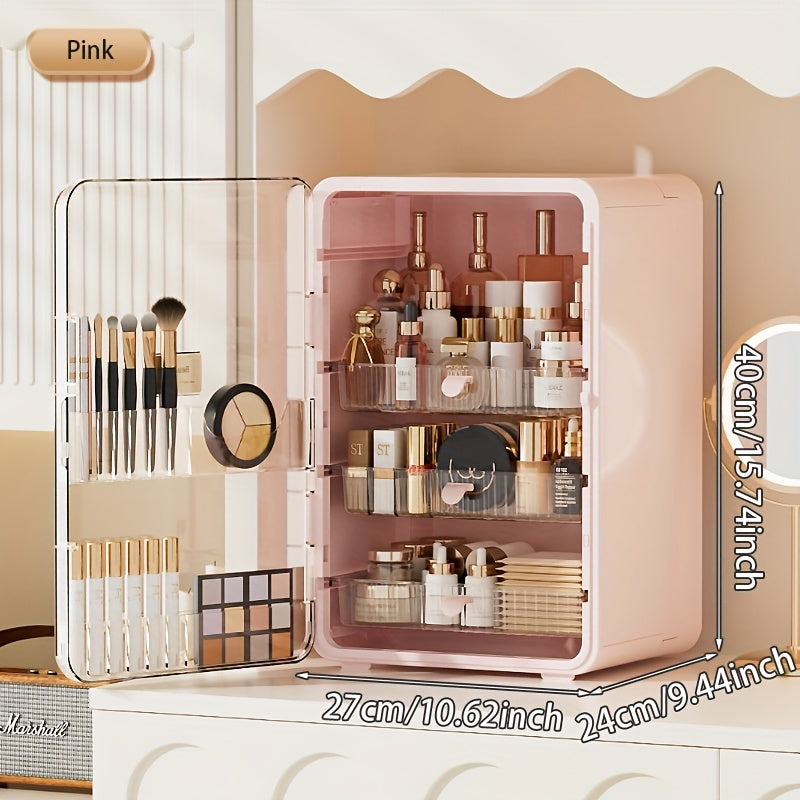 Contemporary Multi-Purpose Desktop Storage Cabinet with Built-In Drawers & Categorized Compartments - Large Capacity Organizer for Jewelry, Cosmetics, Makeup Brushes, Lipsticks, Bottles - Durable Plastic with Magnetic Closure - Perfect Gift for