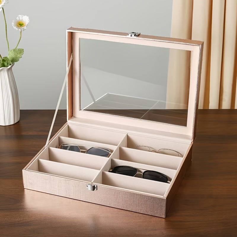 Eight-Compartment Golden, Silvery, and Rose Golden Frame Glasses Storage Box with Transparent Lid - Modern Multi-Slot Eyeglass Holder for Men & Women, Protective Display Case, Accessory Organizer, Durable Jewelry Stand, Jewelry Boxes