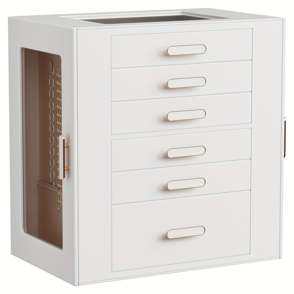 Boho Chic 6-Tier Multifunctional Faux Leather Jewelry Box with Clear Drawers & Open Shelves - Large Capacity Organizer for Earrings, Necklaces, Bracelets, Watches - Elegant Gift for Women & Girls (Christmas, Valentine'S Day, Birthdays, Graduation)