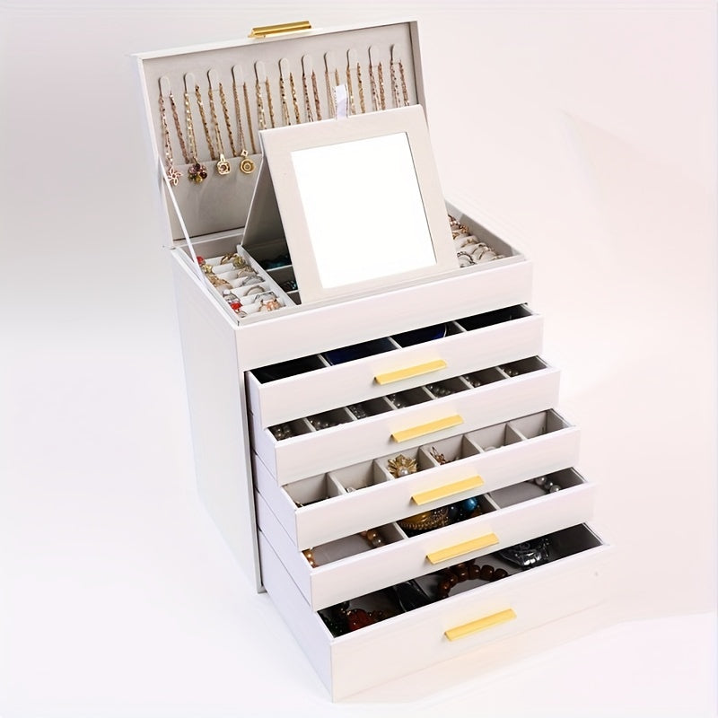 [6-Layer Jewelry Box] 6-Layer Faux Leather Jewelry Organizer Box | Large Capacity Multi-Drawer Storage for Necklaces, Earrings, Watches, Glasses | Soft Fabric-Lined Compartments & Golden Handles, Elegant White Design