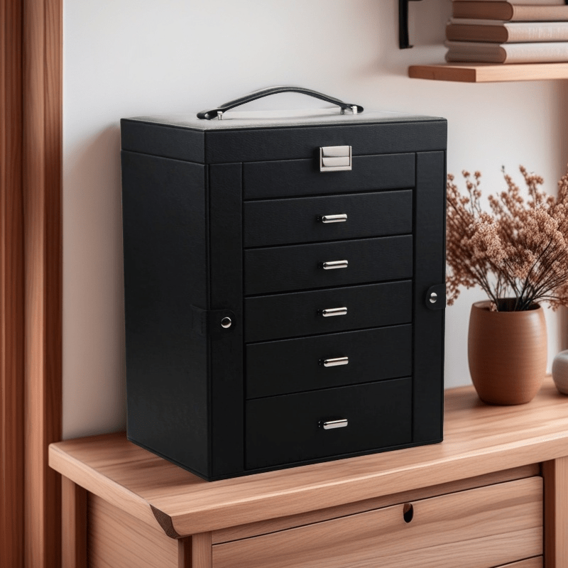 6-Layer Black Faux Leather Jewelry Storage Box with Lock, 5 Removable Drawers & Mirror – Elegant Organizer for Bracelets, Watches, Rings, Necklaces & Earrings, Jewelry Box