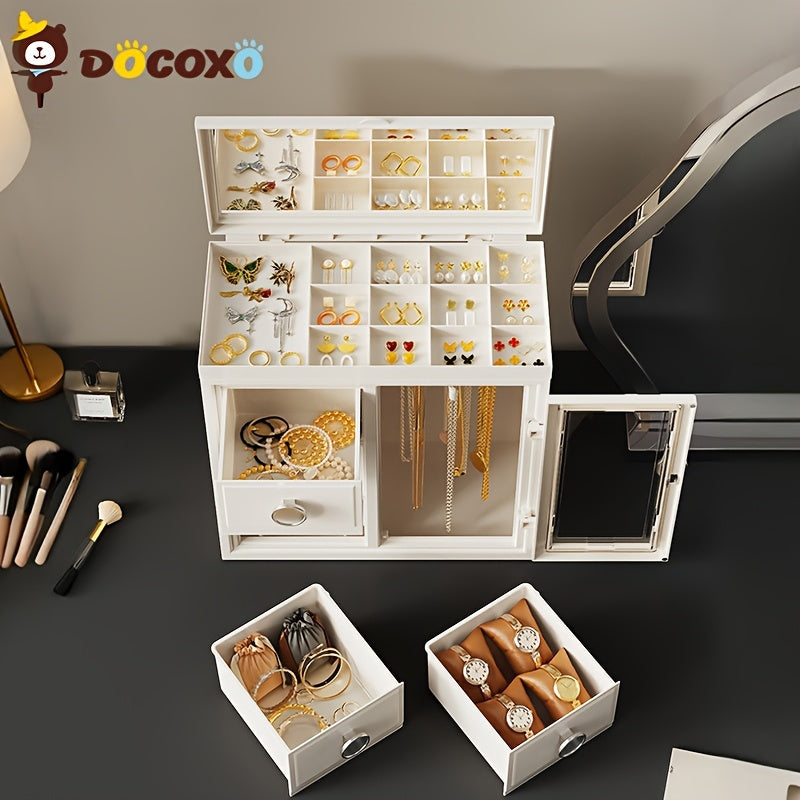 1pc DOCOXO European-Style Jewelry Box Organizer - Large Capacity Desktop Storage with Leather-Lined Interior, Secure Snap Closure, Multi-Compartment Design for Necklaces, Earrings, Rings - Elegant White Polished Finish, Jewelry Organizer Storage Box,