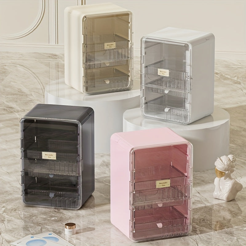 Contemporary Multi-Purpose Desktop Storage Cabinet with Built-In Drawers & Categorized Compartments - Large Capacity Organizer for Jewelry, Cosmetics, Makeup Brushes, Lipsticks, Bottles - Durable Plastic with Magnetic Closure - Perfect Gift for