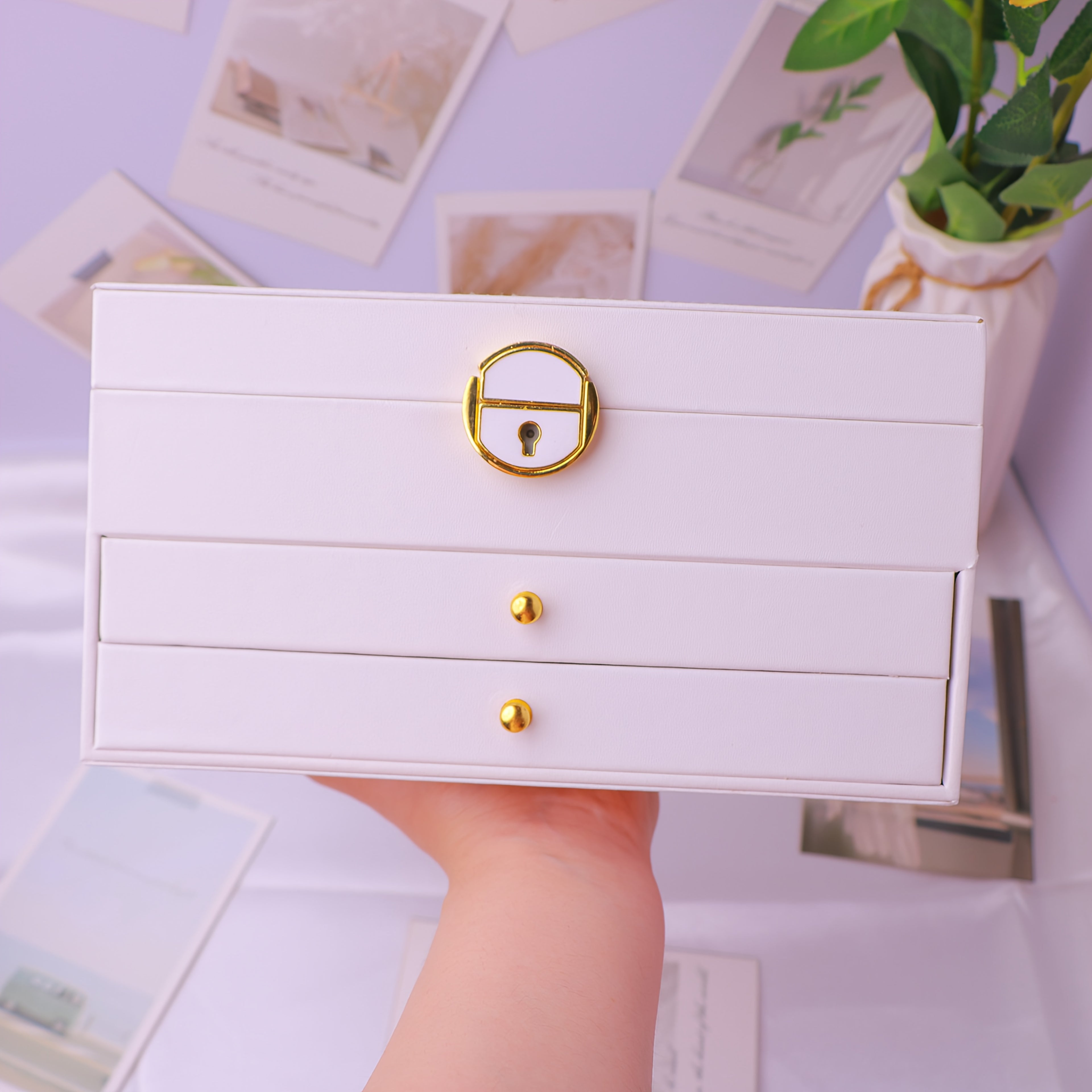 3-Tier Jewelry Box Organizer with Key Lock - Elegant Green & White, Soft-Lined Compartments, Secure Locking Lid - for Earrings, Rings, Necklaces, Bracelets - Perfect Gift for Women, Home or Salon Decor - Durable Synthetic Faux Leather Construction, Large