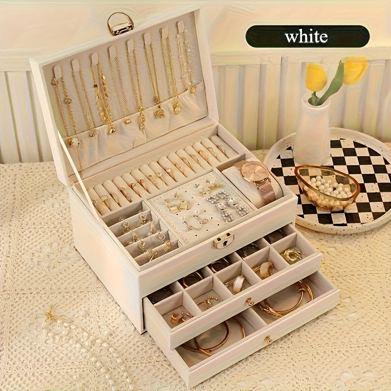 1pc Elegant Faux Leather Jewelry Box with Key Lock - Large Capacity Organizer for Earrings, Rings, Necklaces & Bracelets - Vintage Style Desktop Storage, Ideal Gift for Women, Mother'S Day Present, Jewelry Gift Box, Jewelry Boxes