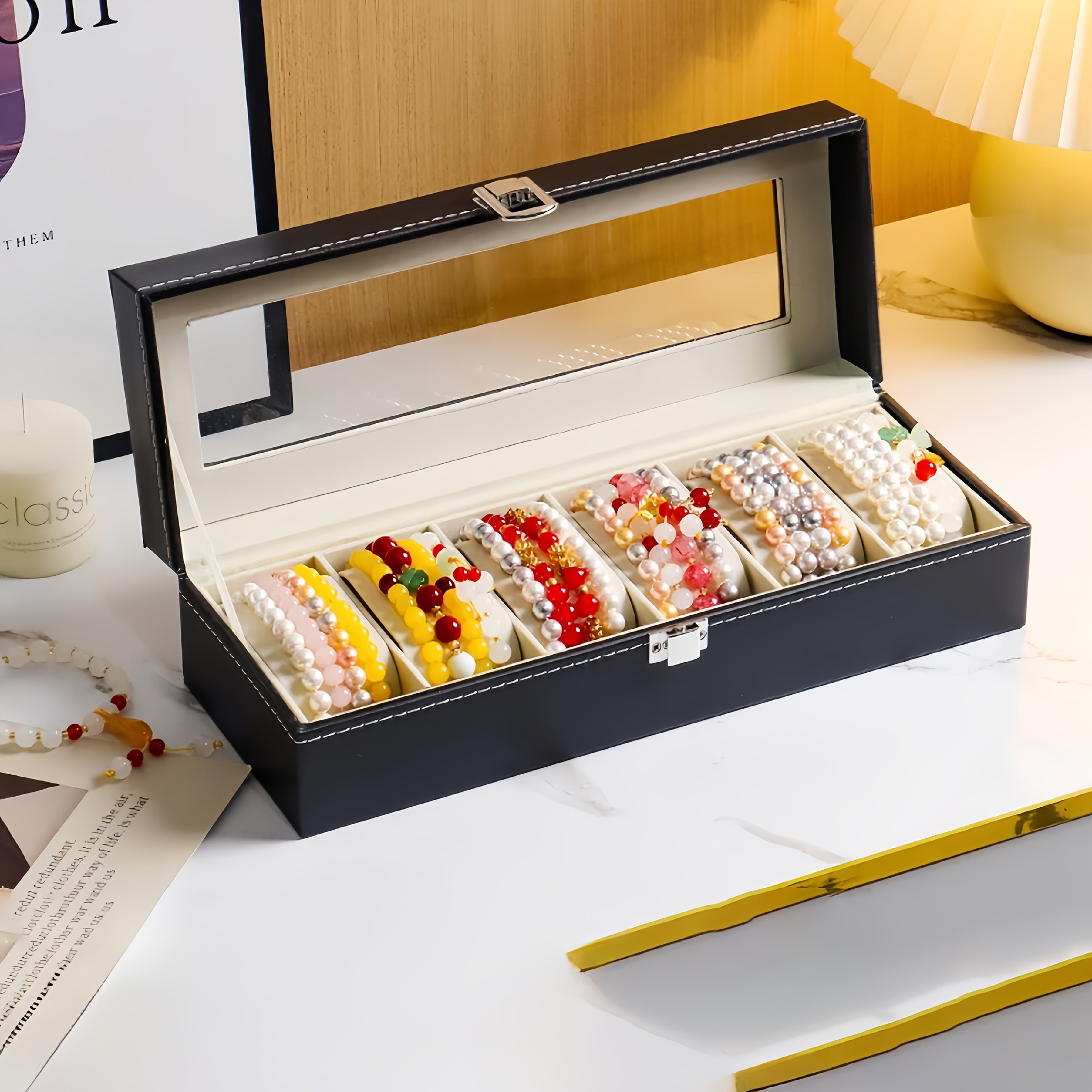 1pc black PU Leather jewelry bracelet storage box, 6 compartments with 10 compartments to choose from, bead jewelry storage box, watch storage box, built-in non deformable bracelet pillow, jewelry display cabinet, bead collection box