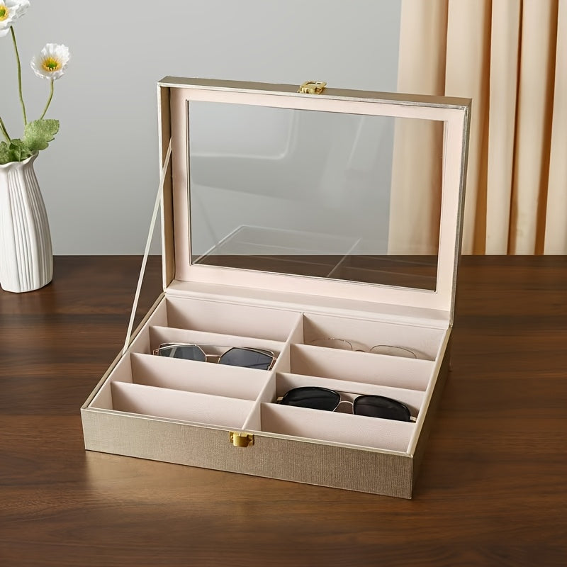 Eight-Compartment Golden, Silvery, and Rose Golden Frame Glasses Storage Box with Transparent Lid - Modern Multi-Slot Eyeglass Holder for Men & Women, Protective Display Case, Accessory Organizer, Durable Jewelry Stand, Jewelry Boxes