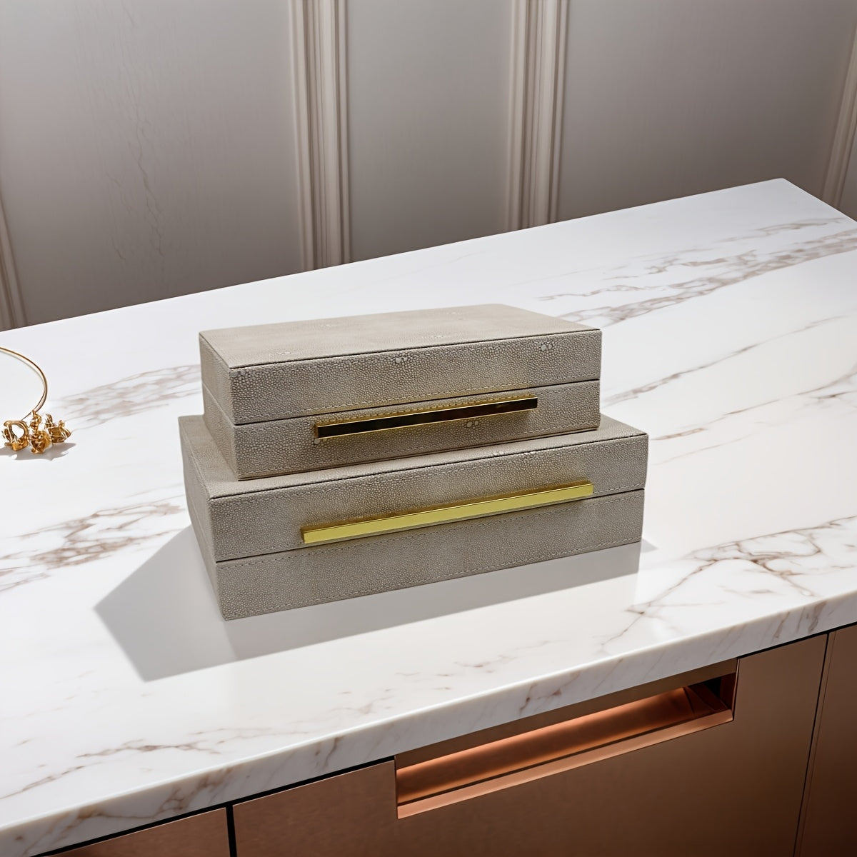 Vintage-Inspired Pearl & Fish Design Jewelry Box - Beige Faux Leather with Golden Handles, Alloy Frame, Textured Finish - Elegant Storage for Bracelets, Earrings, Necklaces & More - Perfect for Bedroom, Closet, or Gift, Jewelry Gift Box, Bedroom Decor,