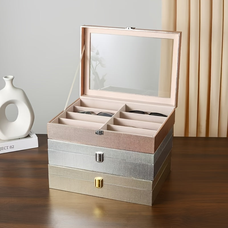 Eight-Compartment Golden, Silvery, and Rose Golden Frame Glasses Storage Box with Transparent Lid - Modern Multi-Slot Eyeglass Holder for Men & Women, Protective Display Case, Accessory Organizer, Durable Jewelry Stand, Jewelry Boxes