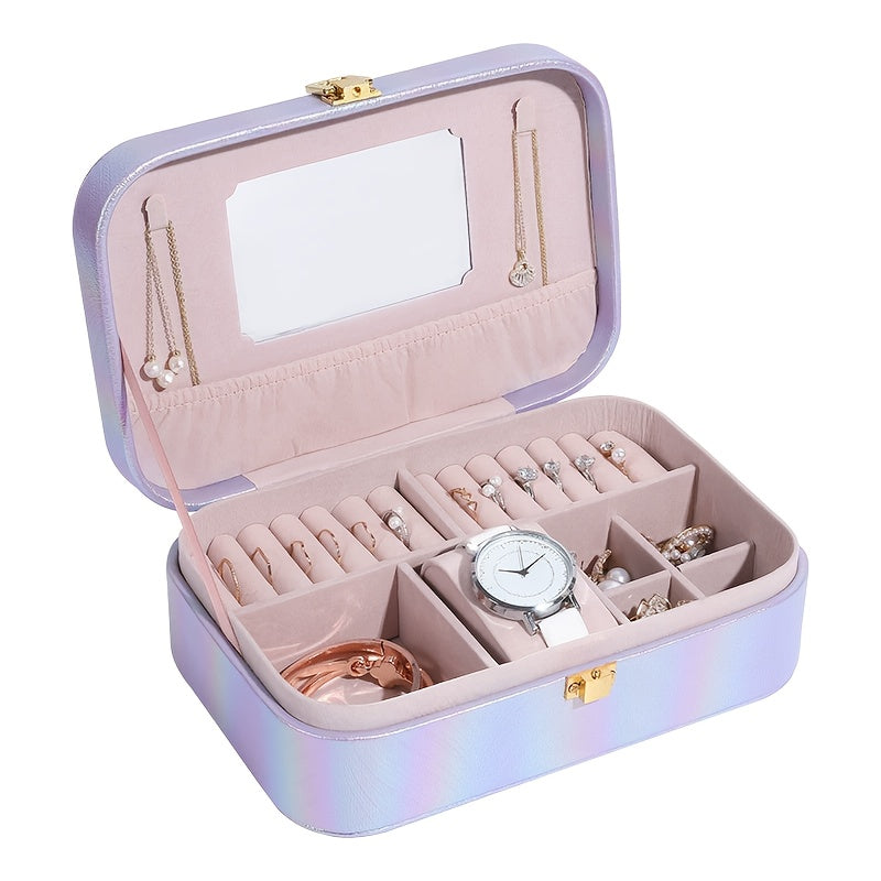 1pc Holographic Portable Jewelry Organizer Box with Mirror, Multiple Compartments & Soft Faux Leather Lining - Faux Leather Iridescent Finish, Secure Snap Closure for Earrings, Necklaces, Rings, Watches - Travel-Friendly Storage Case, Accessory