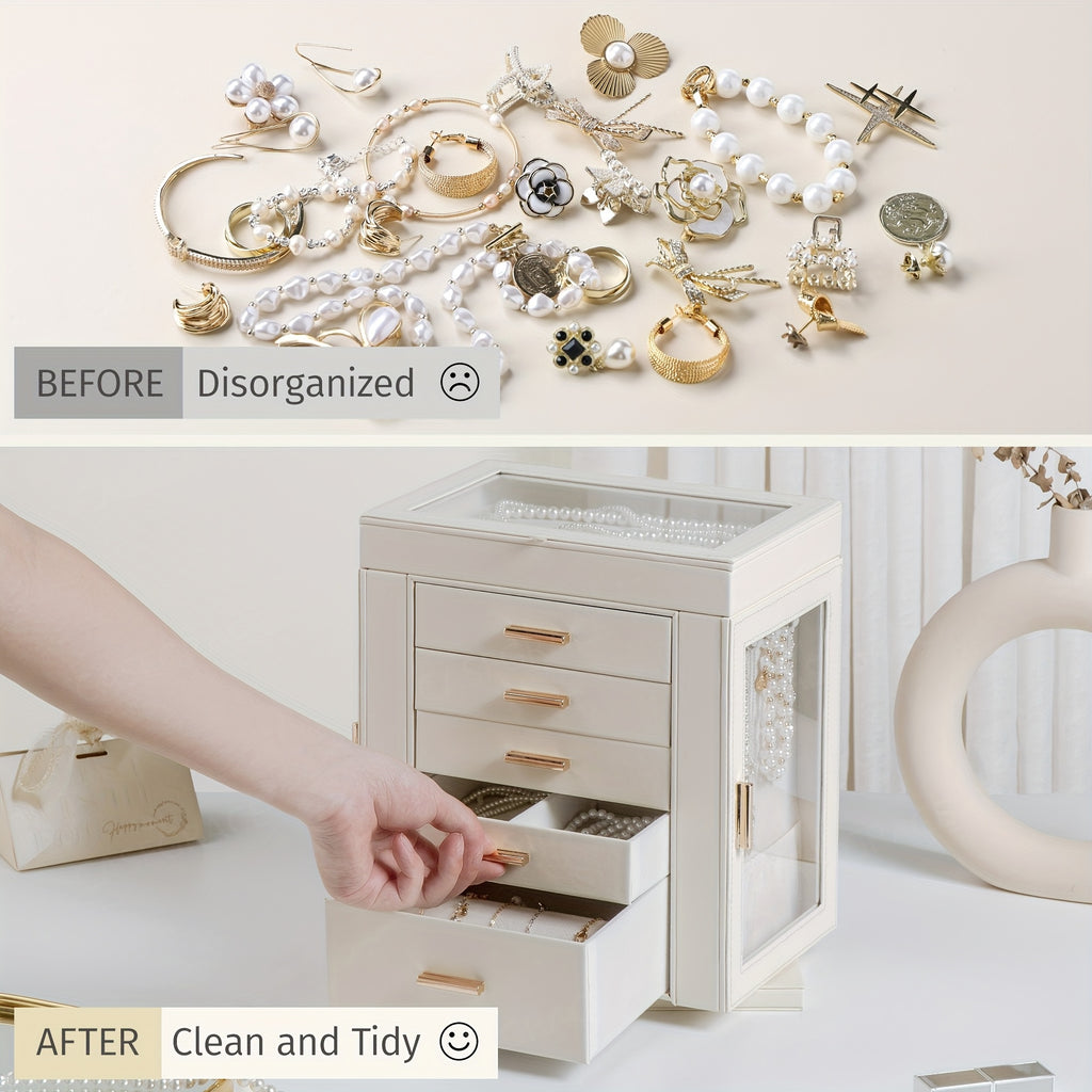 [1pc CASEGRACE Jewelry Box] 1pc CASEGRACE 360° Rotating Jewelry Organizer Box | 5-Drawer Large Capacity Faux Leather Storage with Transparent Double Doors, Modern Elegant Design for Necklaces, Rings, Earrings, Watches | Perfect Gift for Women (Valentine's