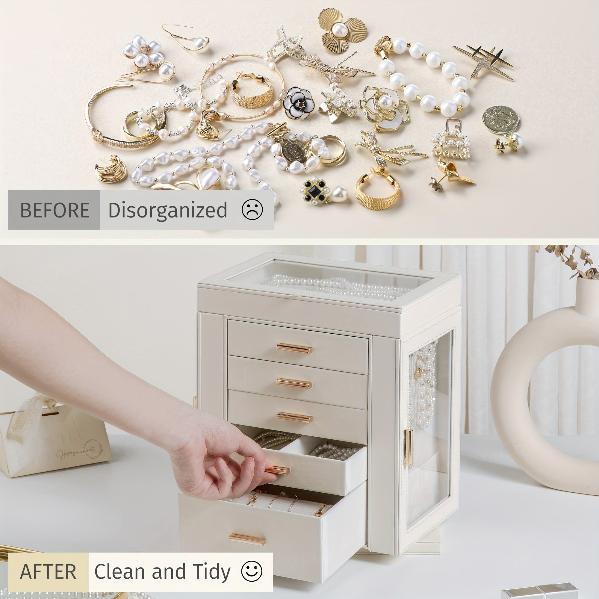 [1pc CASEGRACE Jewelry Box] 1pc CASEGRACE 360° Rotating Jewelry Organizer Box | 5-Drawer Large Capacity Faux Leather Storage with Transparent Double Doors, Modern Elegant Design for Necklaces, Rings, Earrings, Watches | Perfect Gift for Women (Valentine's