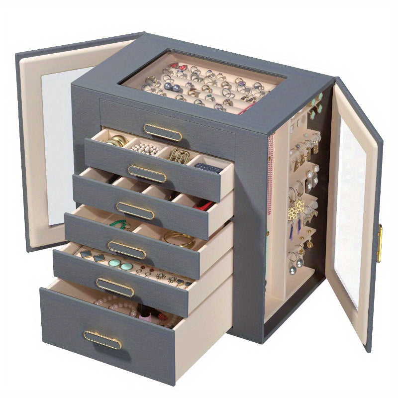 Boho Chic 6-Tier Multifunctional Faux Leather Jewelry Box with Clear Drawers & Open Shelves - Large Capacity Organizer for Earrings, Necklaces, Bracelets, Watches - Elegant Gift for Women & Girls (Christmas, Valentine'S Day, Birthdays, Graduation)