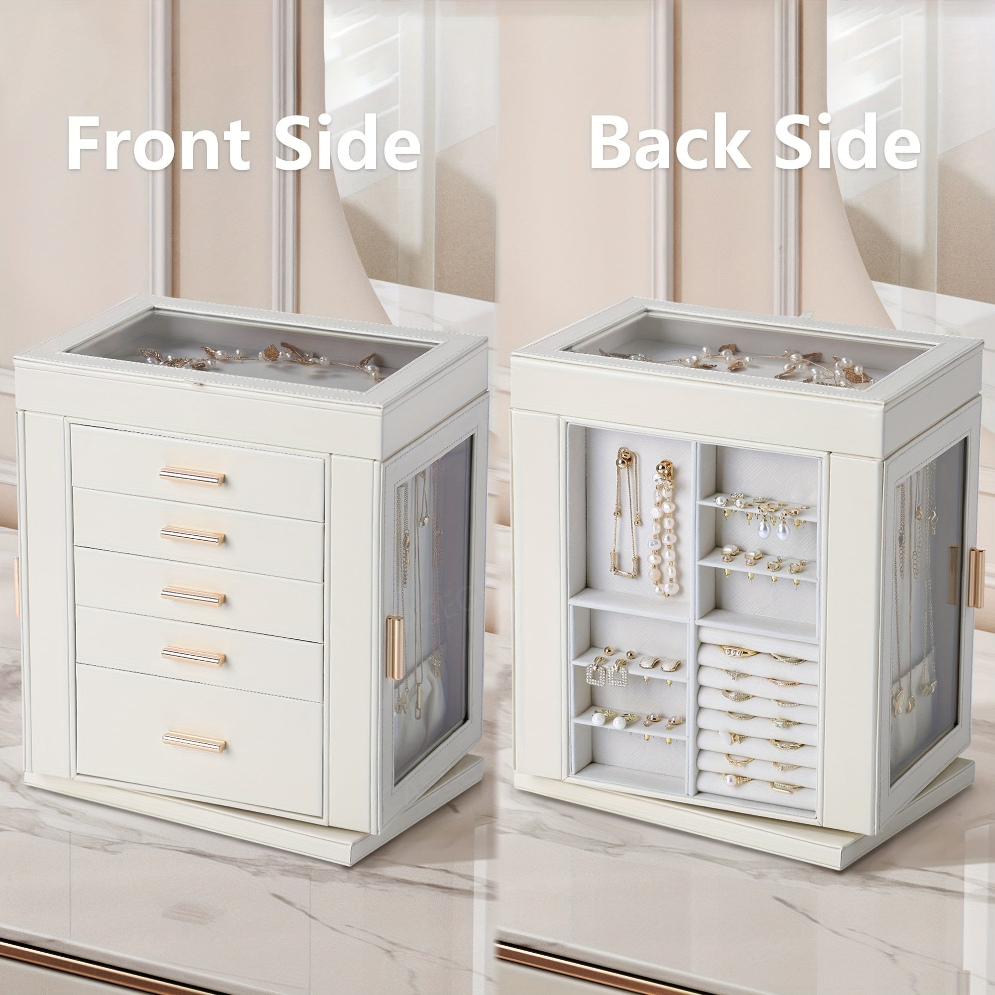 [Elegant CASEGRACE Jewelry Box] 1pc CASEGRACE 360° Rotating Jewelry Organizer Box | 5-Drawer Large Capacity Faux Leather Storage with Transparent Double Doors, Modern Elegant Design for Necklaces, Rings, Earrings, Watches - Perfect Gift for Women