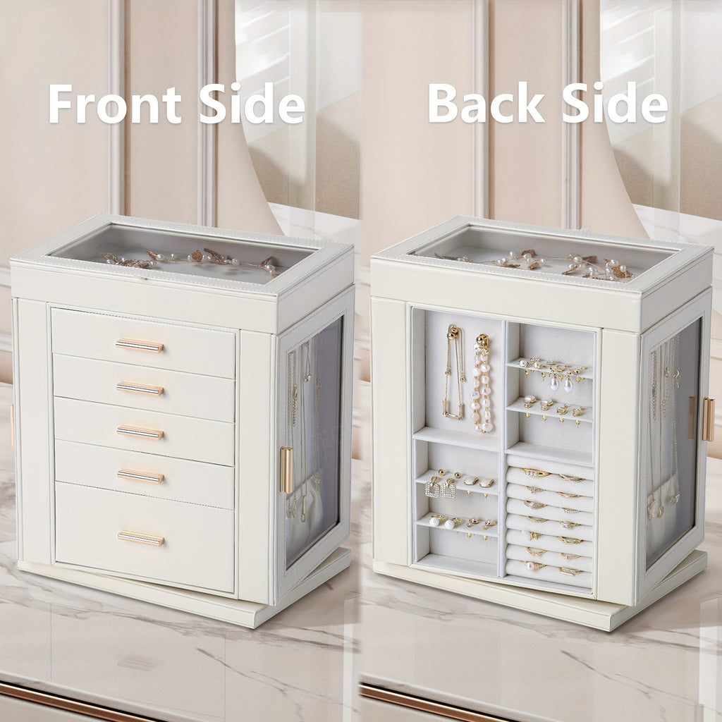 [1pc CASEGRACE Jewelry Box] 1pc CASEGRACE 360° Rotating Jewelry Organizer Box | 5-Drawer Large Capacity Faux Leather Storage with Transparent Double Doors, Modern Elegant Design for Necklaces, Rings, Earrings, Watches | Perfect Gift for Women (Valentine's