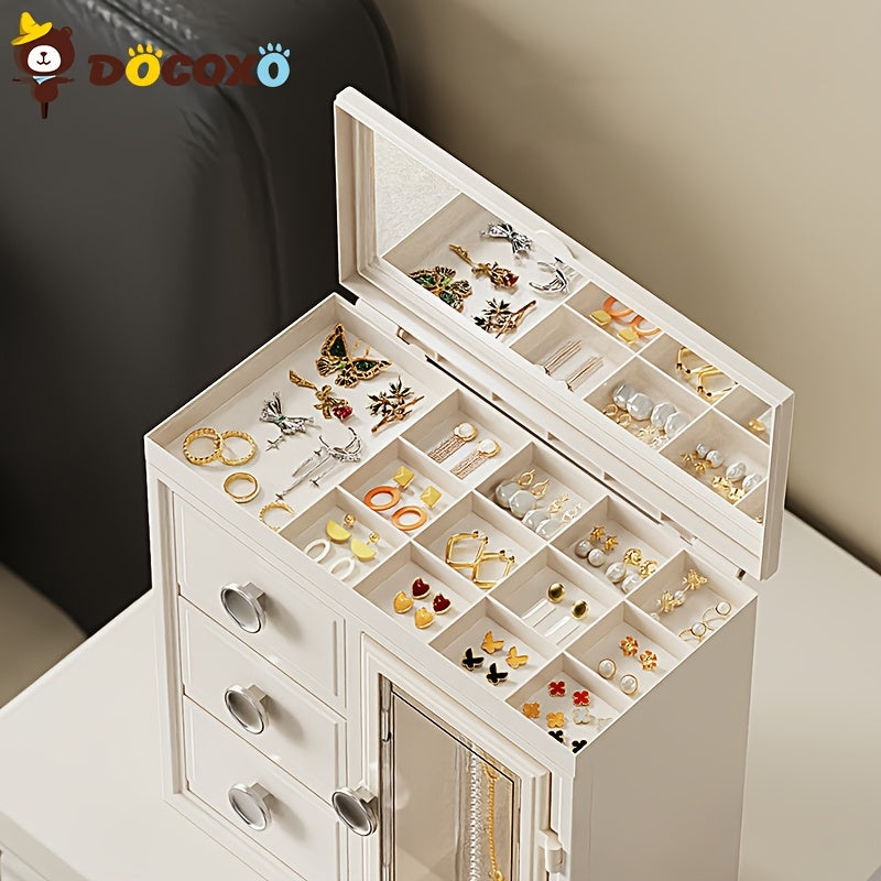 1pc DOCOXO European-Style Jewelry Box Organizer - Large Capacity Desktop Storage with Leather-Lined Interior, Secure Snap Closure, Multi-Compartment Design for Necklaces, Earrings, Rings - Elegant White Polished Finish, Jewelry Organizer Storage Box,