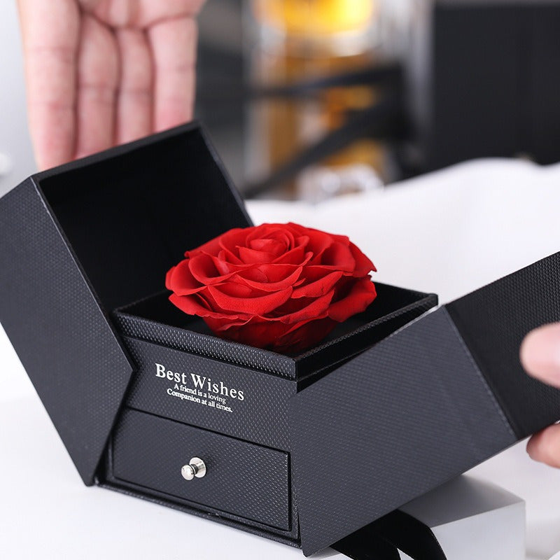 Handmade Bohemian-Style Acrylic Jewelry Gift Box with Immortal Red Rose - Double-Door Storage for Necklaces & Rings, Drawer Organizer, Black Fabric-Lined Interior & Ribbon Bow - Valentine's Day, Anniversary, Mother's Day Gift for Women, Moms, Girlfriends,