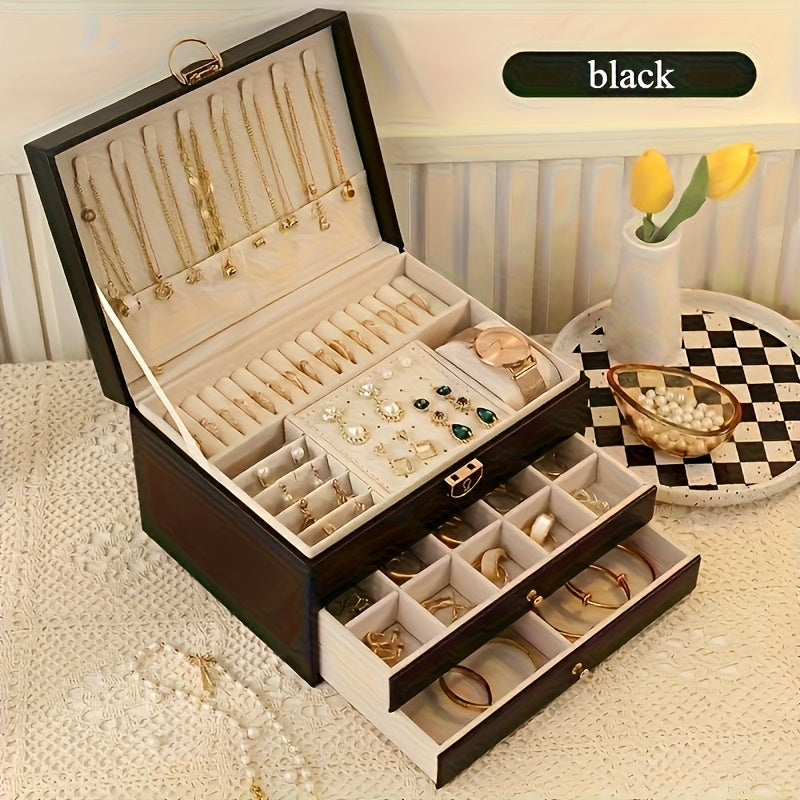 1pc Elegant Faux Leather Jewelry Box with Key Lock - Large Capacity Organizer for Earrings, Rings, Necklaces & Bracelets - Vintage Style Desktop Storage, Ideal Gift for Women, Mother'S Day Present, Jewelry Gift Box, Jewelry Boxes