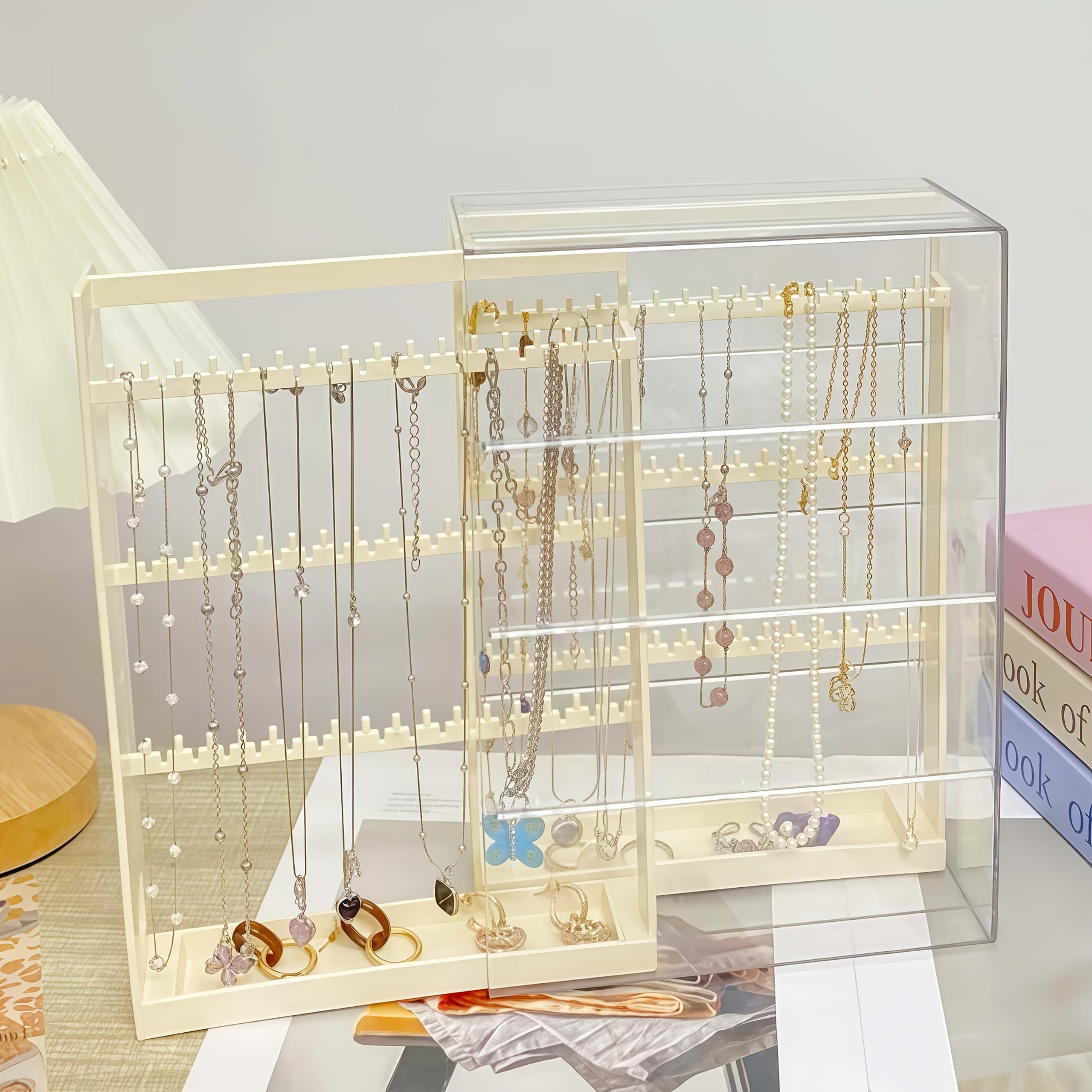 1pc Jewelry Storage Box with Pull-Out Display Shelves & Keychain Hooks - Durable Plastic Organizer for Bracelets, Necklaces, Earrings - Bedroom, Bathroom, Holiday Gifts, Back-to-School Supplies