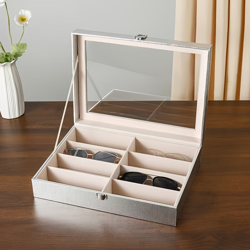 Eight-Compartment Golden, Silvery, and Rose Golden Frame Glasses Storage Box with Transparent Lid - Modern Multi-Slot Eyeglass Holder for Men & Women, Protective Display Case, Accessory Organizer, Durable Jewelry Stand, Jewelry Boxes