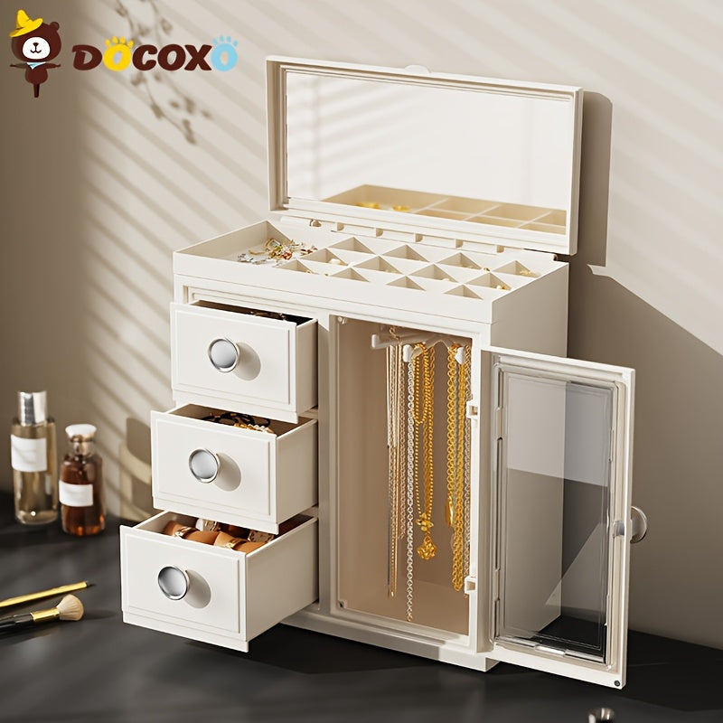 1pc DOCOXO European-Style Jewelry Box Organizer - Large Capacity Desktop Storage with Leather-Lined Interior, Secure Snap Closure, Multi-Compartment Design for Necklaces, Earrings, Rings - Elegant White Polished Finish, Jewelry Organizer Storage Box,