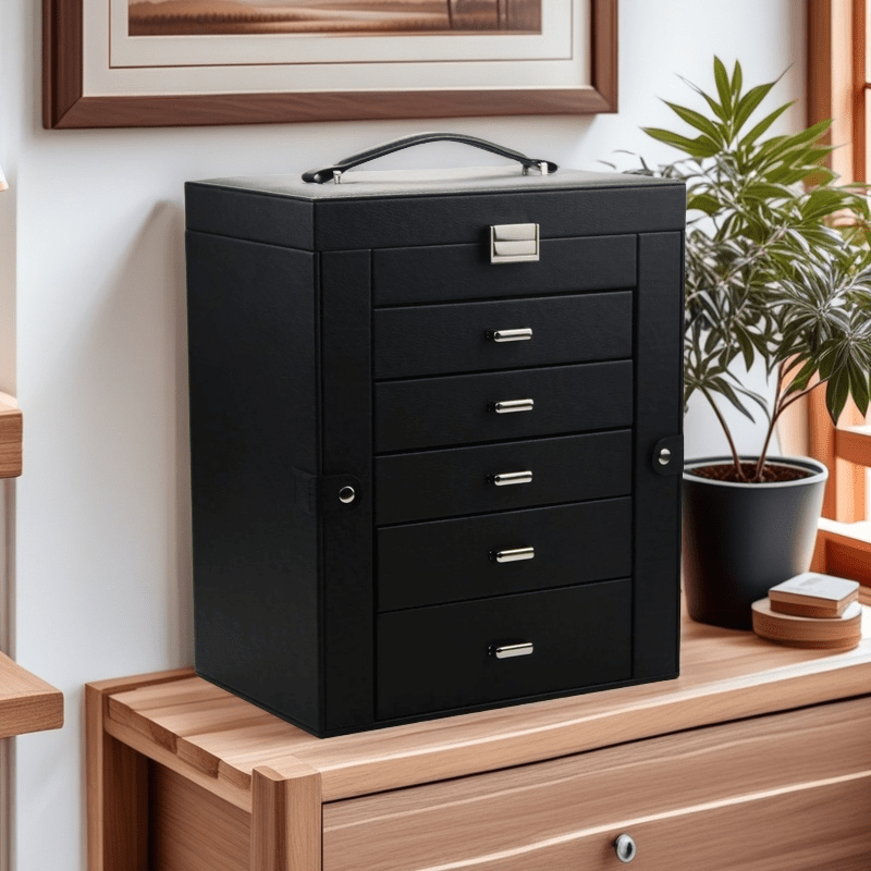6-Layer Black Faux Leather Jewelry Storage Box with Lock, 5 Removable Drawers & Mirror – Elegant Organizer for Bracelets, Watches, Rings, Necklaces & Earrings, Jewelry Box