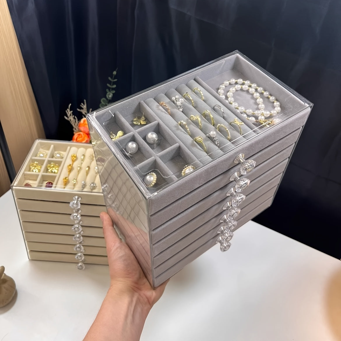 7-Tier Upgraded Large Capacity Velvet Jewelry Box - Luxurious Stackable Organizer with Drawers for Earrings, Rings, Necklaces, Bracelets, and Pendants - Perfect for Desktop Display, Multi-Purpose Use, Ideal for Christmas, Halloween, Easter, Hanukkah, and