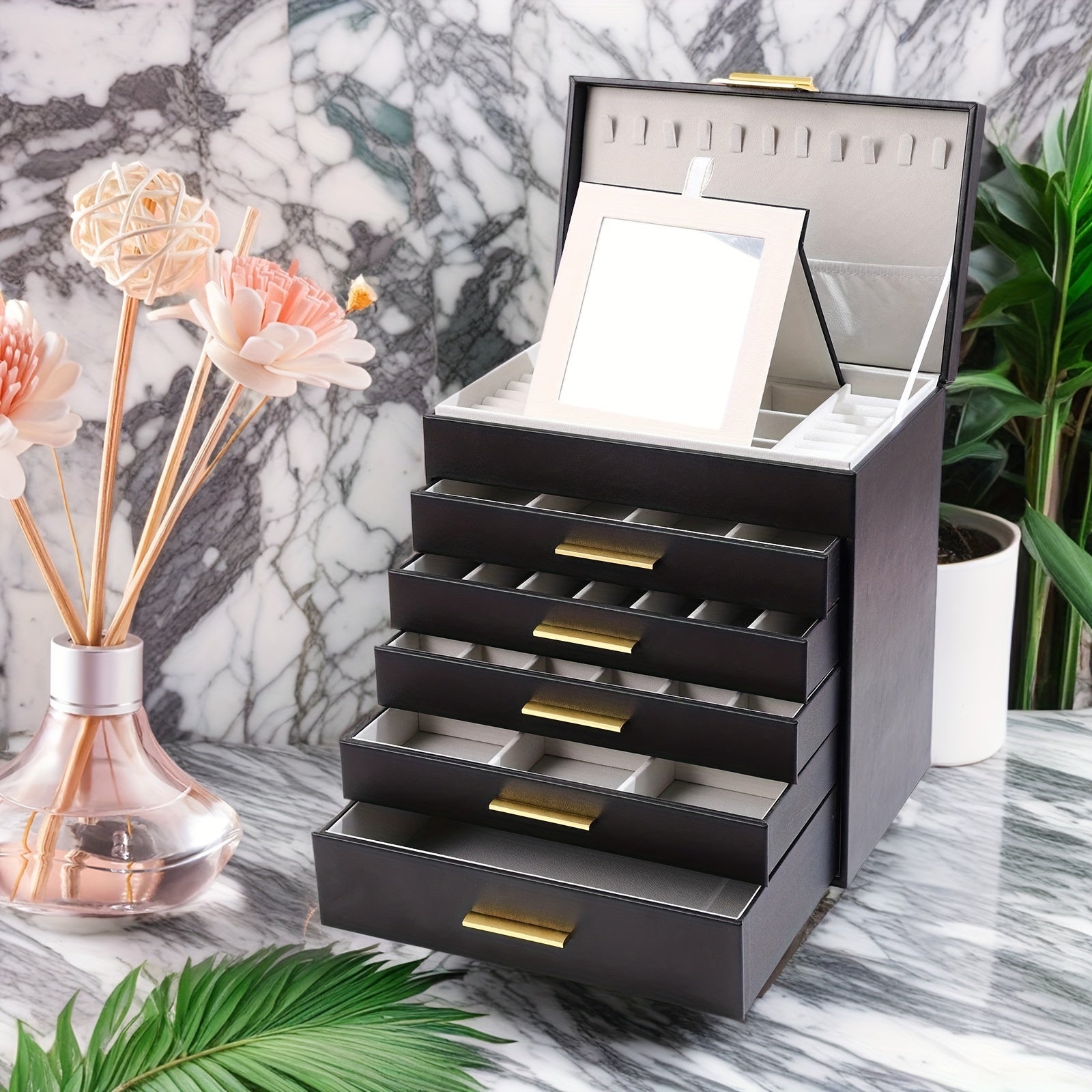 [6-Layer Jewelry Box] 6-Layer Faux Leather Jewelry Organizer Box | Large Capacity Multi-Drawer Storage for Necklaces, Earrings, Watches, Glasses | Soft Fabric-Lined Compartments & Golden Handles, Elegant White Design