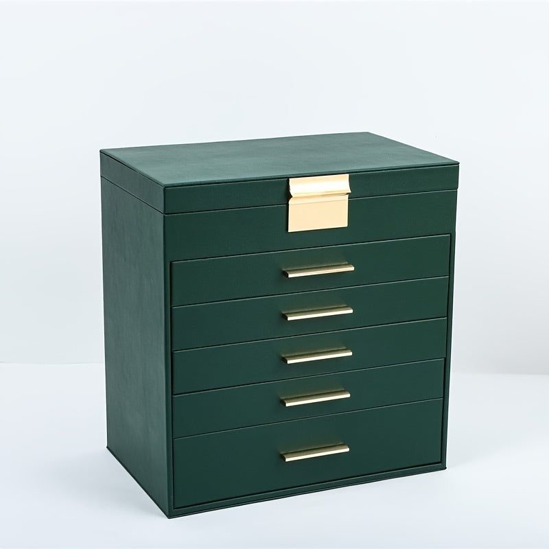 [6-Layer Jewelry Box] 6-Layer Faux Leather Jewelry Organizer Box | Large Capacity Multi-Drawer Storage for Necklaces, Earrings, Watches, Glasses | Soft Fabric-Lined Compartments & Golden Handles, Elegant White Design