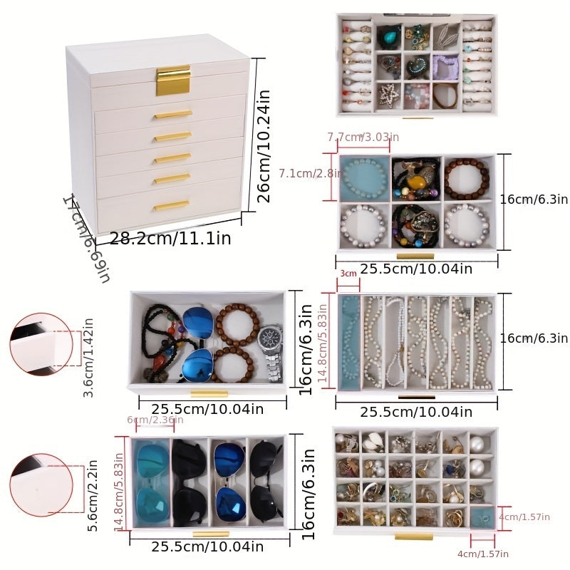 [6-Layer Jewelry Box] 6-Layer Faux Leather Jewelry Organizer Box | Large Capacity Multi-Drawer Storage for Necklaces, Earrings, Watches, Glasses | Soft Fabric-Lined Compartments & Golden Handles, Elegant White Design