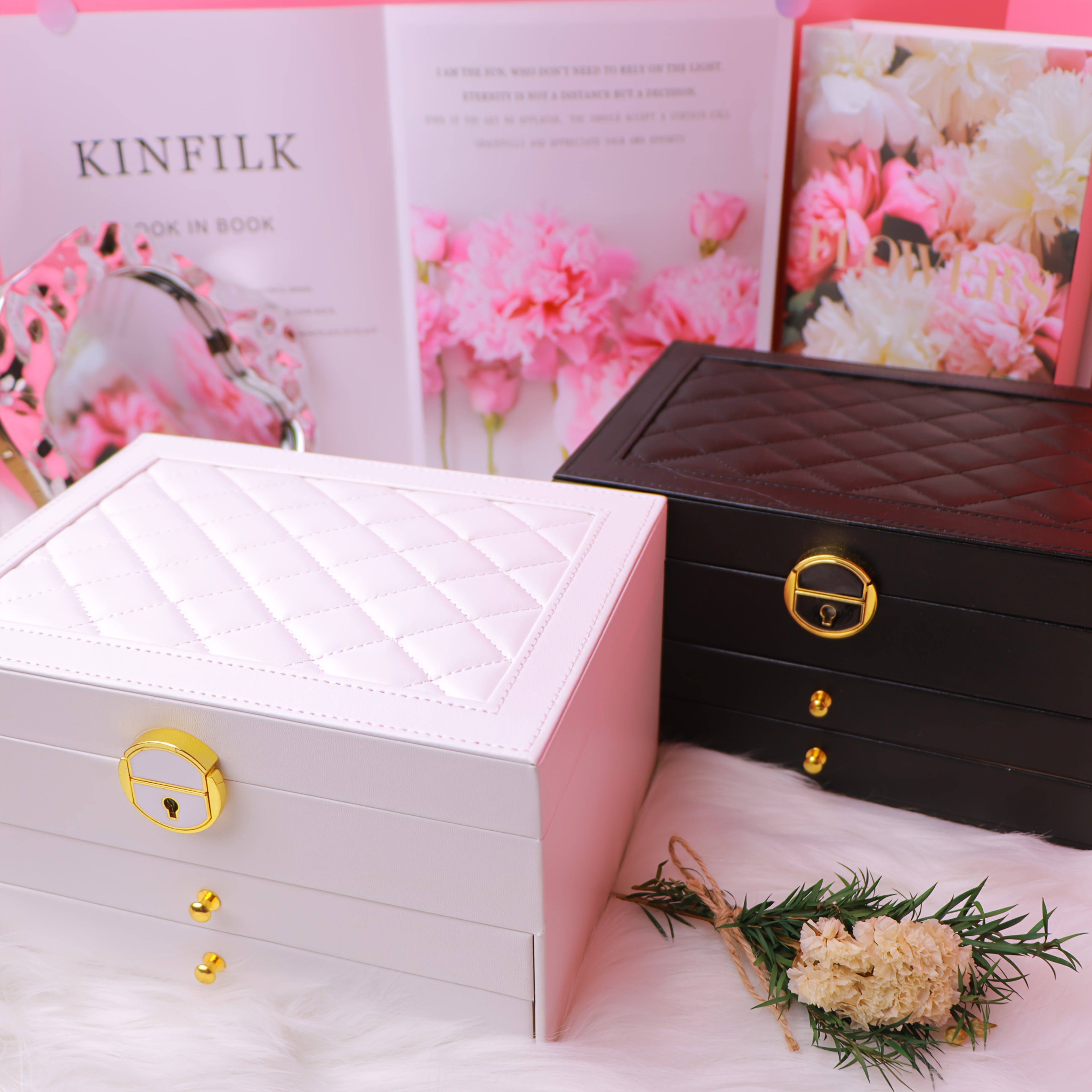 Elegant Vintage-Style Jewelry Box with Lock - 3-Layer Faux Leather, Golden-Tone Hardware, Pink & White Design, Perfect for Necklaces, Bracelets, and Earrings - Ideal for Home Decor and Fashion Enthusiasts, Jewelry Gift Box, Jewelry Boxes