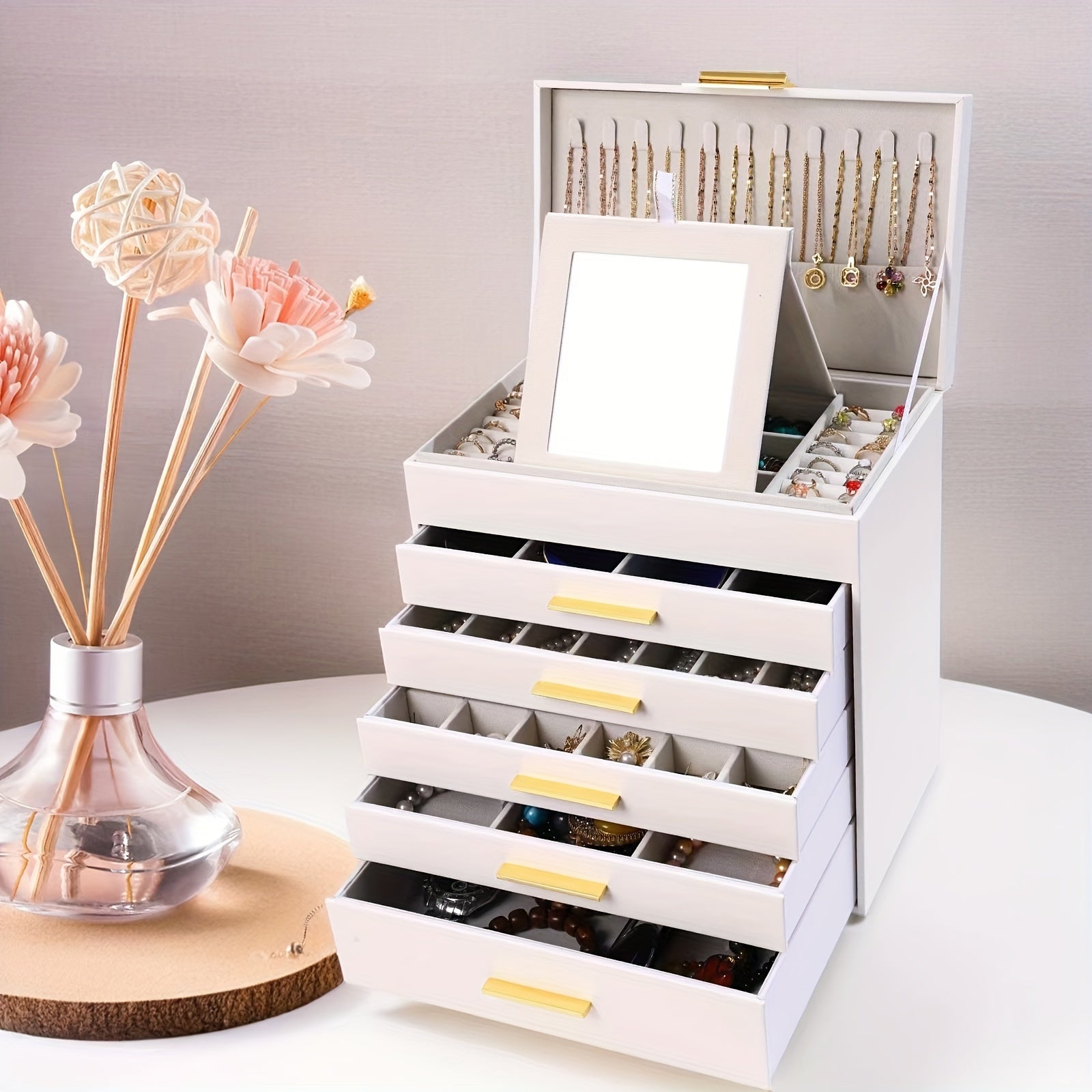 [6-Layer Jewelry Box] 6-Layer Faux Leather Jewelry Organizer Box | Large Capacity Multi-Drawer Storage for Necklaces, Earrings, Watches, Glasses | Soft Fabric-Lined Compartments & Golden Handles, Elegant White Design