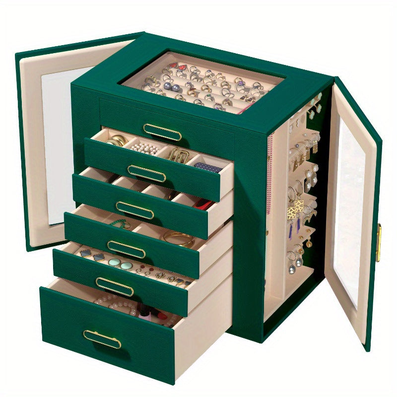 Boho Chic 6-Tier Multifunctional Faux Leather Jewelry Box with Clear Drawers & Open Shelves - Large Capacity Organizer for Earrings, Necklaces, Bracelets, Watches - Elegant Gift for Women & Girls (Christmas, Valentine'S Day, Birthdays, Graduation)