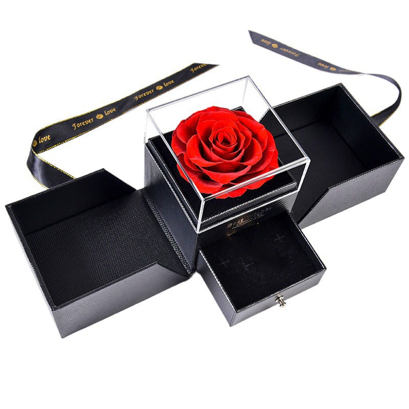 Handmade Bohemian-Style Acrylic Jewelry Gift Box with Immortal Red Rose - Double-Door Storage for Necklaces & Rings, Drawer Organizer, Black Fabric-Lined Interior & Ribbon Bow - Valentine's Day, Anniversary, Mother's Day Gift for Women, Moms, Girlfriends,
