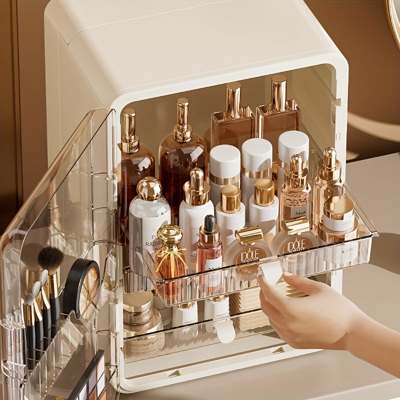Contemporary Multi-Purpose Desktop Storage Cabinet with Built-In Drawers & Categorized Compartments - Large Capacity Organizer for Jewelry, Cosmetics, Makeup Brushes, Lipsticks, Bottles - Durable Plastic with Magnetic Closure - Perfect Gift for
