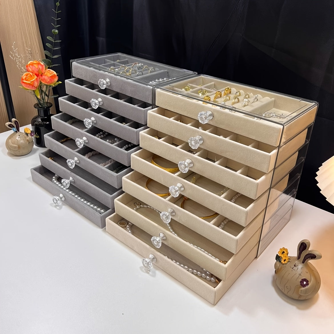 7-Tier Upgraded Large Capacity Velvet Jewelry Box - Luxurious Stackable Organizer with Drawers for Earrings, Rings, Necklaces, Bracelets, and Pendants - Perfect for Desktop Display, Multi-Purpose Use, Ideal for Christmas, Halloween, Easter, Hanukkah, and