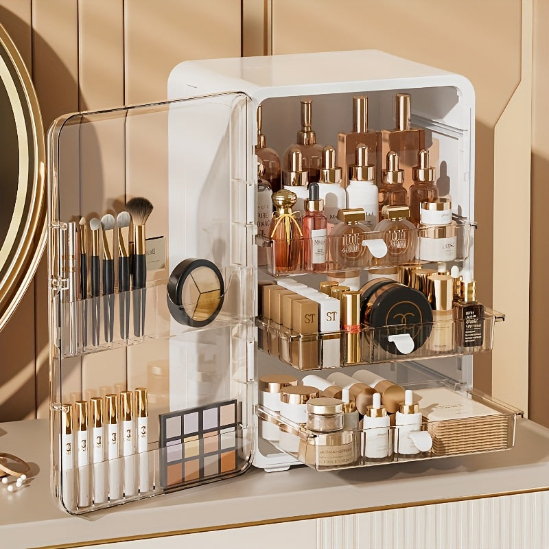 Contemporary Multi-Purpose Desktop Storage Cabinet with Built-In Drawers & Categorized Compartments - Large Capacity Organizer for Jewelry, Cosmetics, Makeup Brushes, Lipsticks, Bottles - Durable Plastic with Magnetic Closure - Perfect Gift for