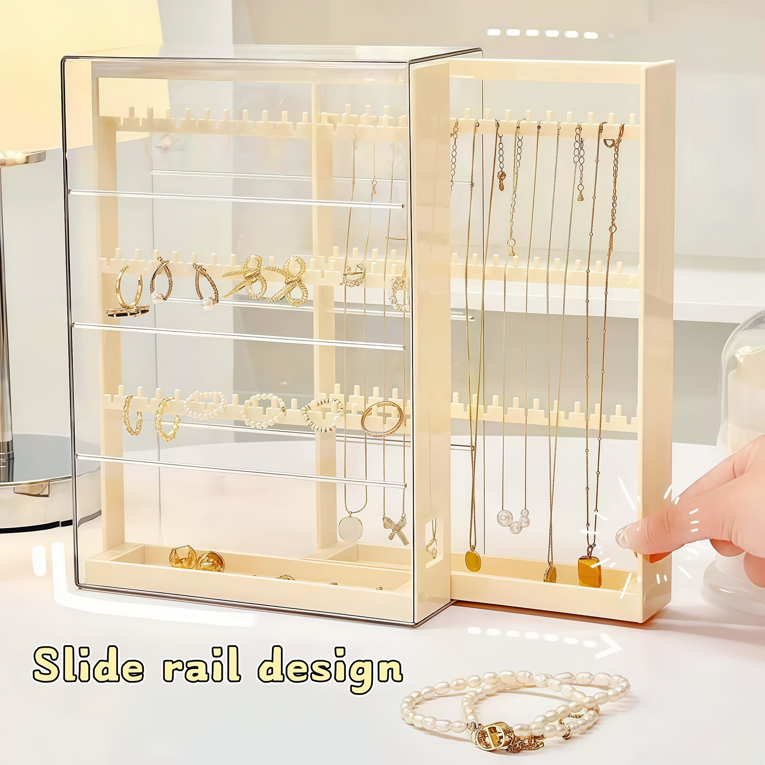 1pc Jewelry Storage Box with Pull-Out Display Shelves & Keychain Hooks - Durable Plastic Organizer for Bracelets, Necklaces, Earrings - Bedroom, Bathroom, Holiday Gifts, Back-to-School Supplies