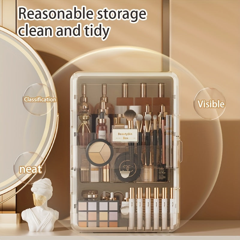 Contemporary Multi-Purpose Desktop Storage Cabinet with Built-In Drawers & Categorized Compartments - Large Capacity Organizer for Jewelry, Cosmetics, Makeup Brushes, Lipsticks, Bottles - Durable Plastic with Magnetic Closure - Perfect Gift for