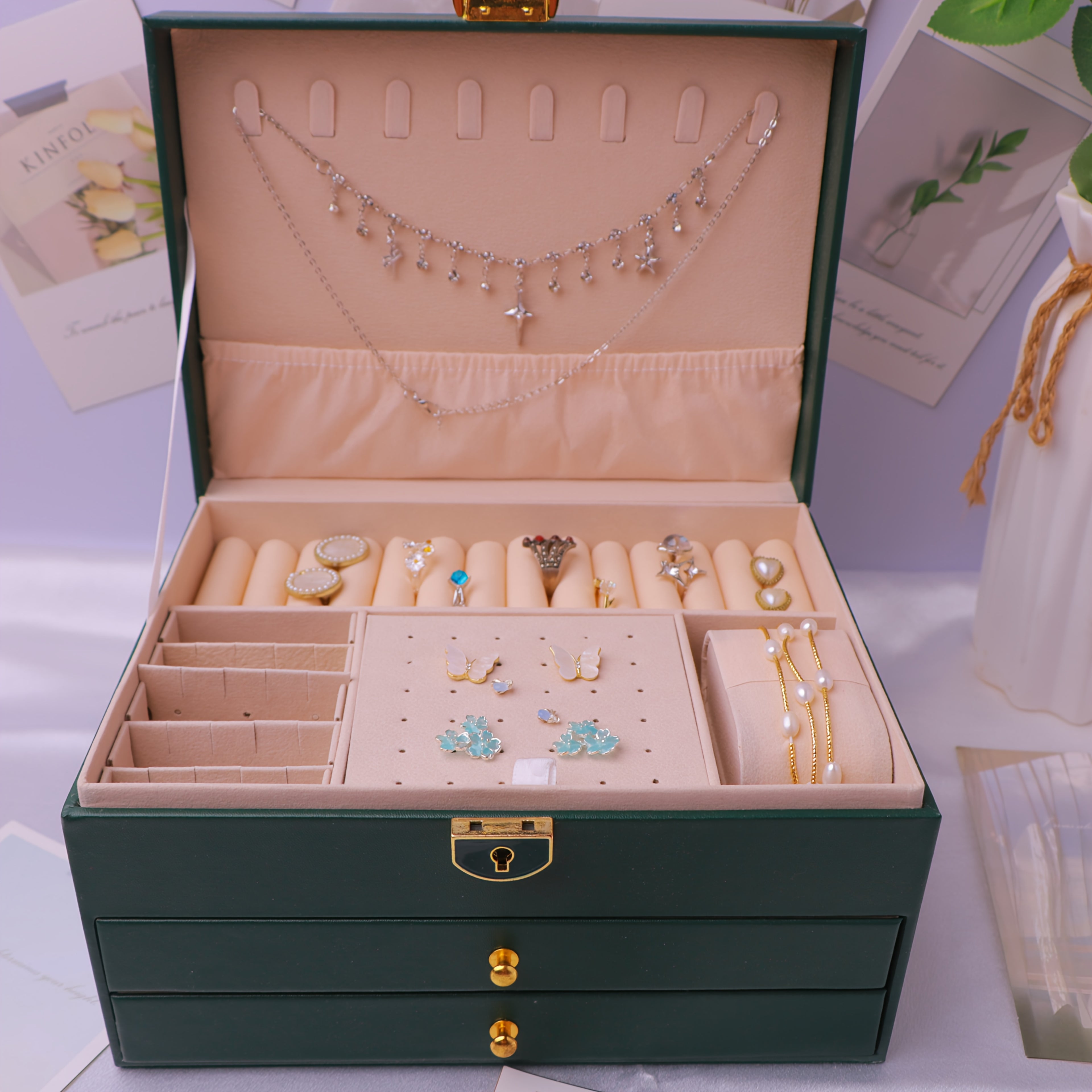 Elegant Vintage-Style Jewelry Box with Lock - 3-Layer Faux Leather, Golden-Tone Hardware, Pink & White Design, Perfect for Necklaces, Bracelets, and Earrings - Ideal for Home Decor and Fashion Enthusiasts, Jewelry Gift Box, Jewelry Boxes