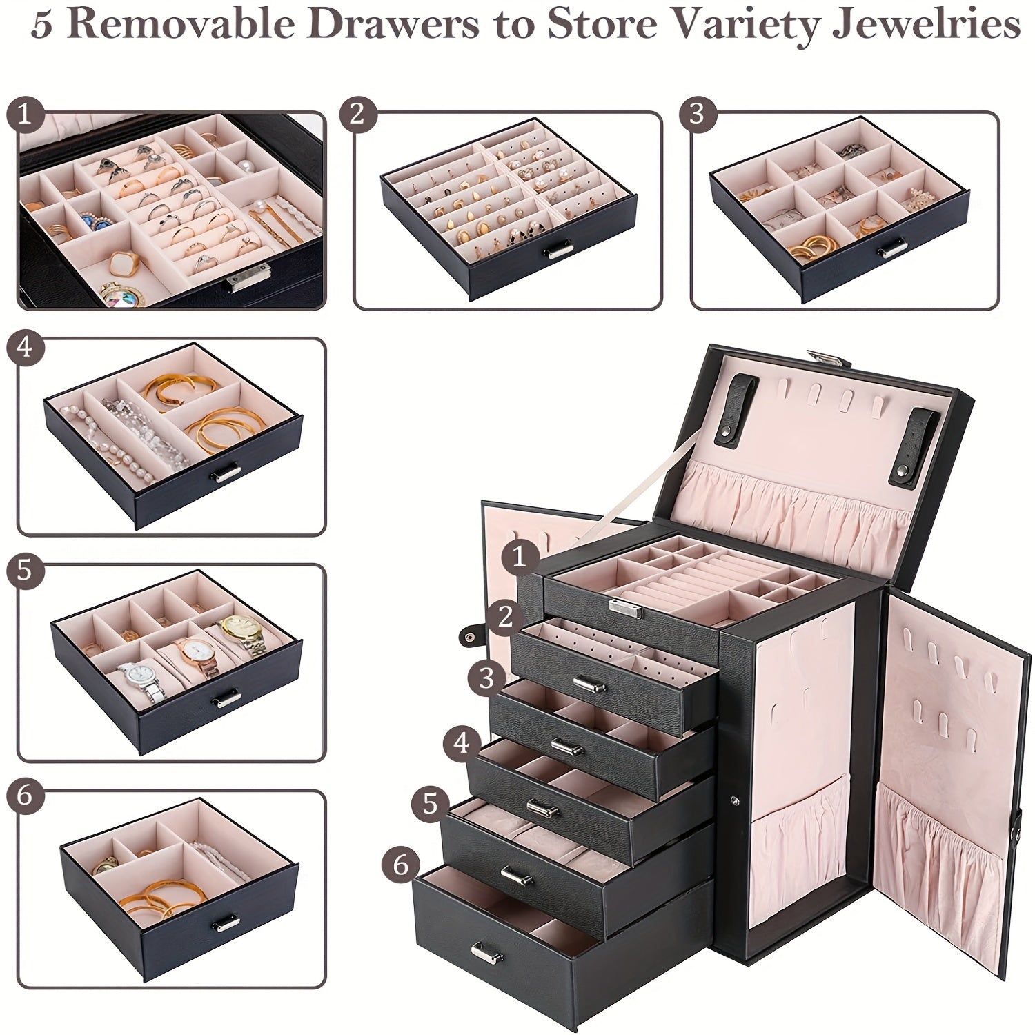 6-Layer Black Faux Leather Jewelry Storage Box with Lock, 5 Removable Drawers & Mirror – Elegant Organizer for Bracelets, Watches, Rings, Necklaces & Earrings, Jewelry Box