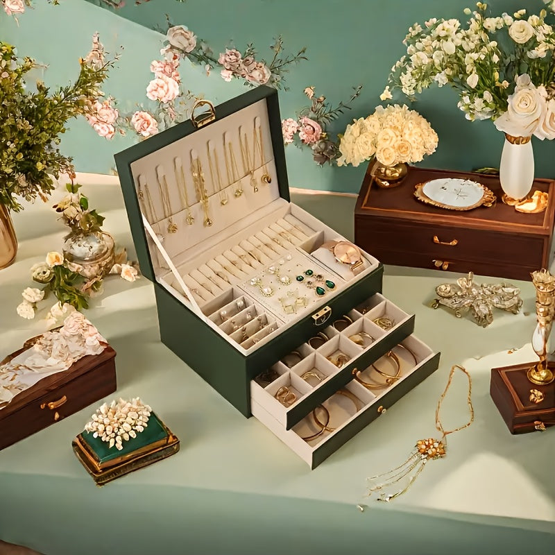 3-Tier Jewelry Box Organizer with Key Lock - Elegant Green & White, Soft-Lined Compartments, Secure Locking Lid - for Earrings, Rings, Necklaces, Bracelets - Perfect Gift for Women, Home or Salon Decor - Durable Synthetic Faux Leather Construction, Large