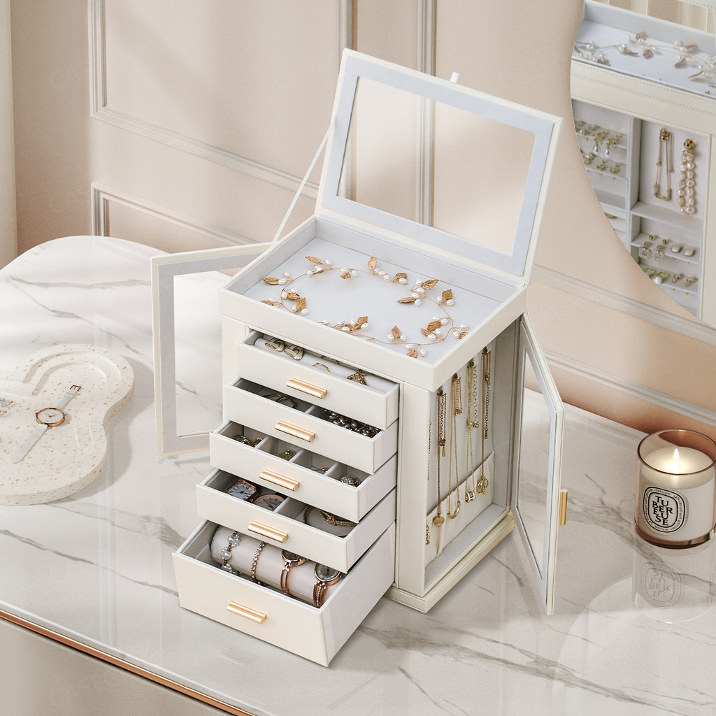 [1pc CASEGRACE Jewelry Box] 1pc CASEGRACE 360° Rotating Jewelry Organizer Box | 5-Drawer Large Capacity Faux Leather Storage with Transparent Double Doors, Modern Elegant Design for Necklaces, Rings, Earrings, Watches | Perfect Gift for Women (Valentine's