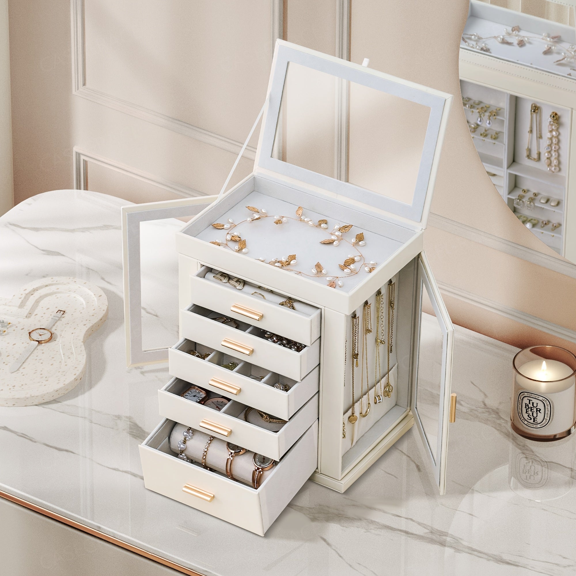 [1pc CASEGRACE Jewelry Box] 1pc CASEGRACE 360° Rotating Jewelry Organizer Box | 5-Drawer Large Capacity Faux Leather Storage with Transparent Double Doors, Modern Elegant Design for Necklaces, Rings, Earrings, Watches | Perfect Gift for Women (Valentine's