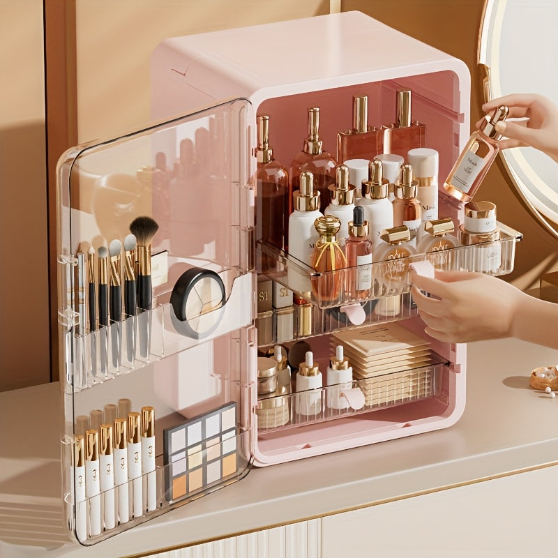 Contemporary Multi-Purpose Desktop Storage Cabinet with Built-In Drawers & Categorized Compartments - Large Capacity Organizer for Jewelry, Cosmetics, Makeup Brushes, Lipsticks, Bottles - Durable Plastic with Magnetic Closure - Perfect Gift for