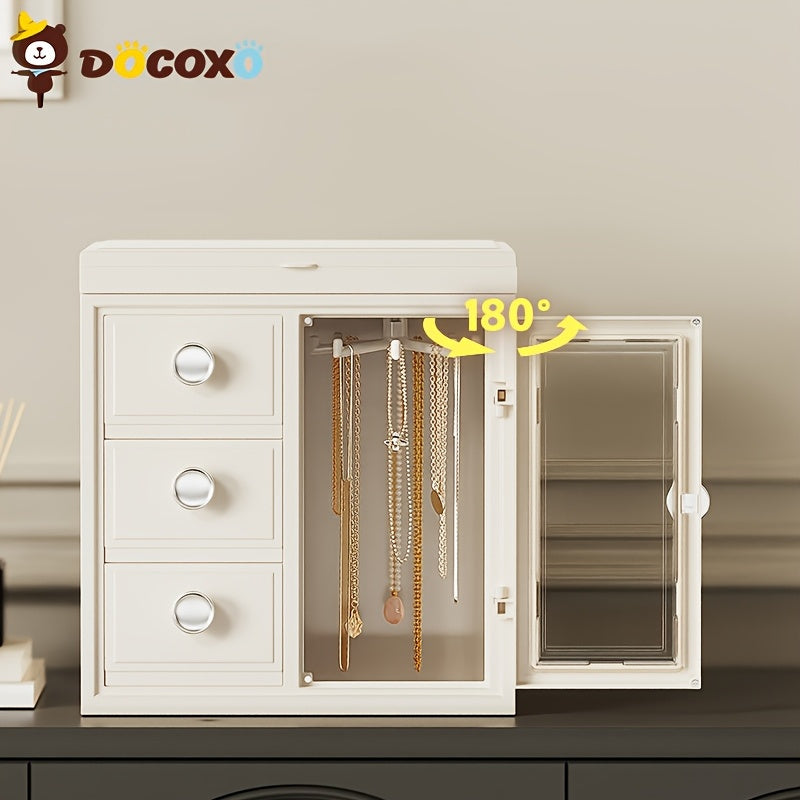1pc DOCOXO European-Style Jewelry Box Organizer - Large Capacity Desktop Storage with Leather-Lined Interior, Secure Snap Closure, Multi-Compartment Design for Necklaces, Earrings, Rings - Elegant White Polished Finish, Jewelry Organizer Storage Box,