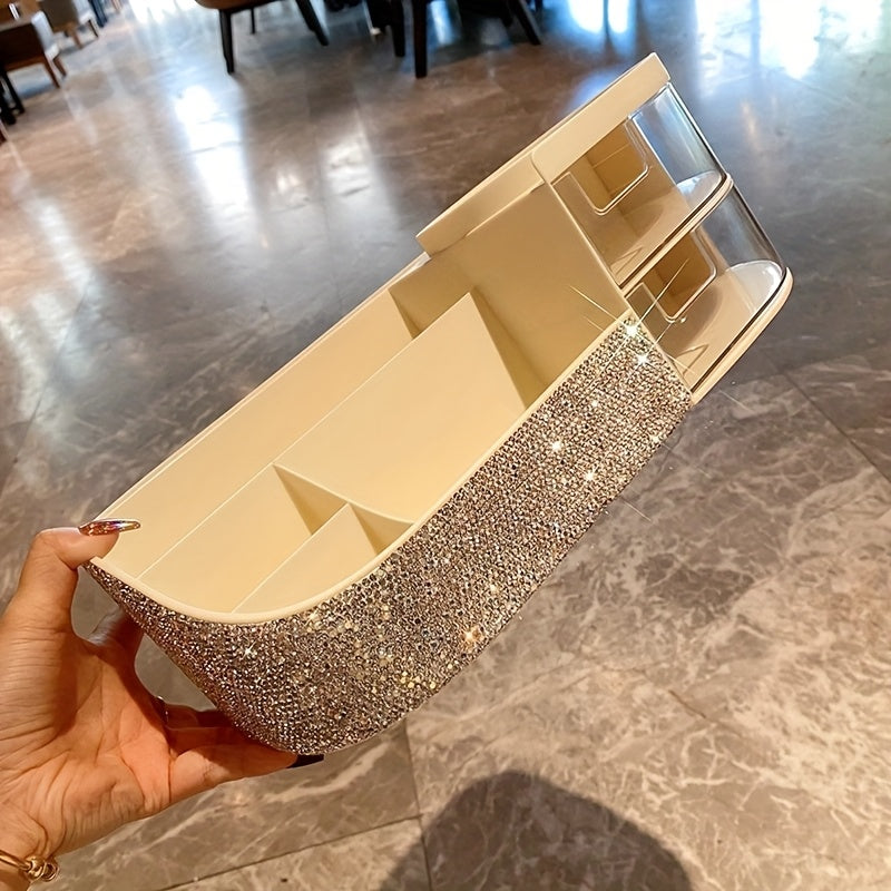 [Luxury Cosmetic Organizer] 1pc Luxury Multi-Compartment Cosmetic Organizer | Sparkling Rhinestone Design, Large Capacity Makeup Brush & Lipstick Holder, Creative Remote & Key Storage Box, Durable Plastic, Makeup Organizer, Jewelry Organizer