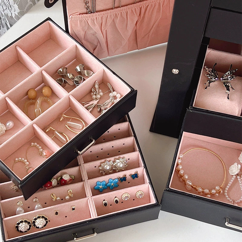 6-Layer Black Faux Leather Jewelry Storage Box with Lock, 5 Removable Drawers & Mirror – Elegant Organizer for Bracelets, Watches, Rings, Necklaces & Earrings, Jewelry Box