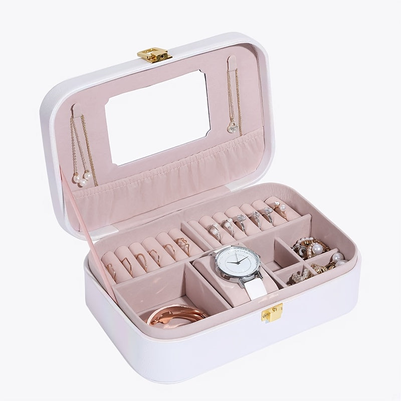 1pc Holographic Portable Jewelry Organizer Box with Mirror, Multiple Compartments & Soft Faux Leather Lining - Faux Leather Iridescent Finish, Secure Snap Closure for Earrings, Necklaces, Rings, Watches - Travel-Friendly Storage Case, Accessory