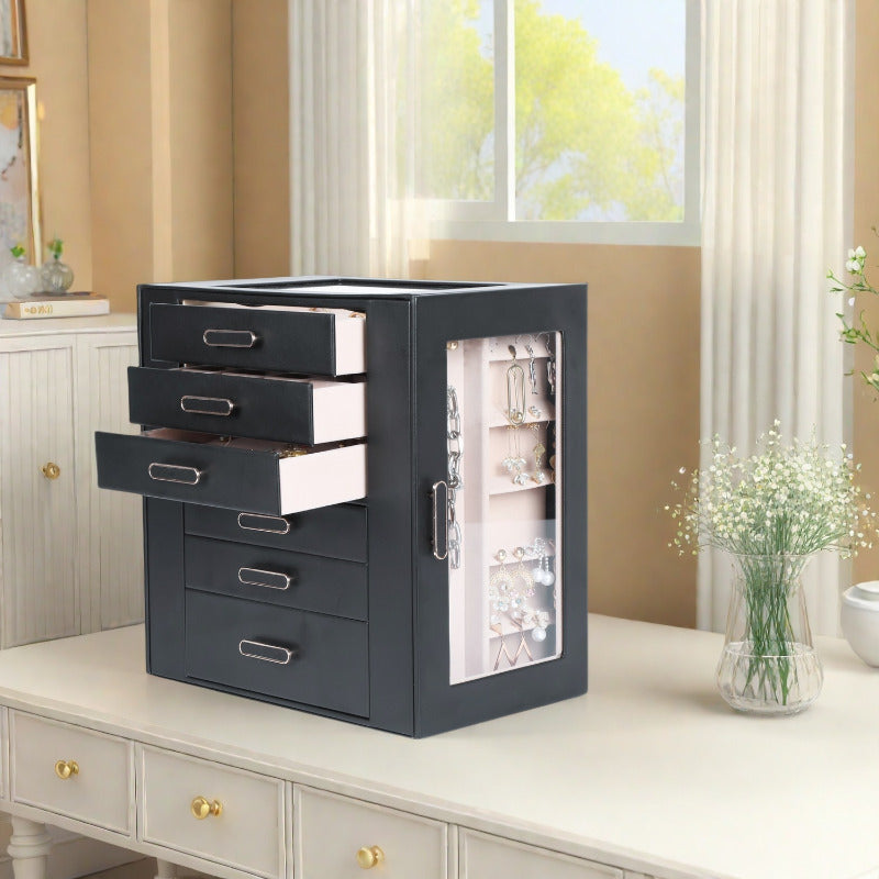 Boho Chic 6-Tier Multifunctional Faux Leather Jewelry Box with Clear Drawers & Open Shelves - Large Capacity Organizer for Earrings, Necklaces, Bracelets, Watches - Elegant Gift for Women & Girls (Christmas, Valentine'S Day, Birthdays, Graduation)